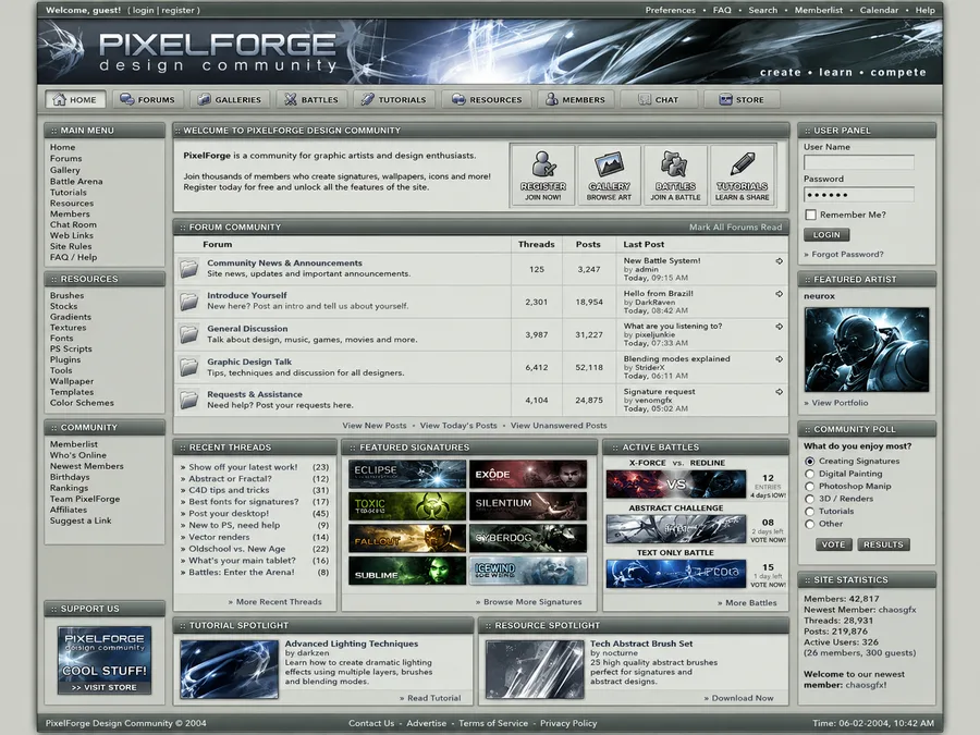 A PixelForge graphic-design community forum layout