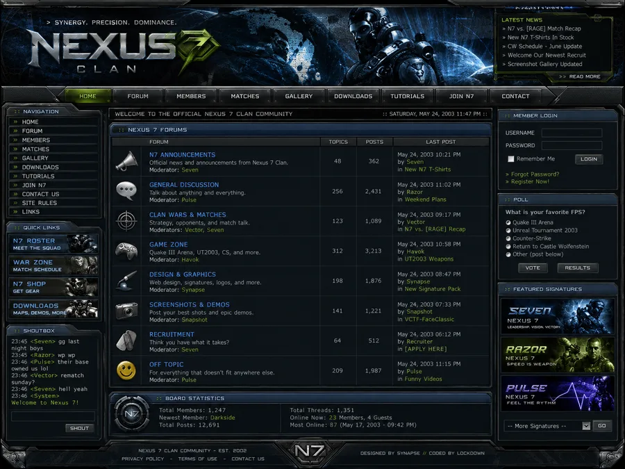 A dark gaming-clan community website layout